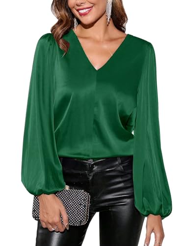 SOADKP Damen Bluse V-Ausschnitt Elegant Hemdbluse Langarm Shirt Glitzer Tops Festlich Oberteil (grün/S) von SOADKP