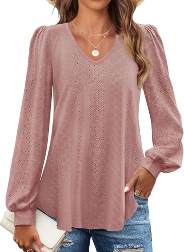 SOADKP Damen Blusen V Ausschnitt Langarm Spitze Oberteile Elegant Hemd Casual Shirt Tunika(Rosa/M) von SOADKP