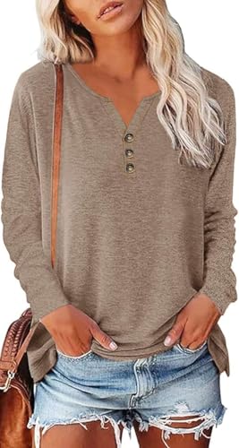 SOADKP Damen Langarmshirt Baumwolle Tshirt V-Ausschnitt Knopf Casual Oberteil Sexy Tunika Tops(Braun/XL) von SOADKP