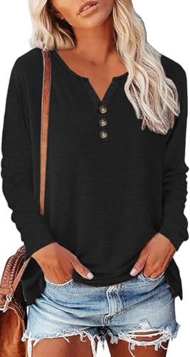 SOADKP Damen Langarmshirt Baumwolle Tshirt V-Ausschnitt Knopf Casual Oberteil Sexy Tunika Tops(Schwarz/XXL) von SOADKP
