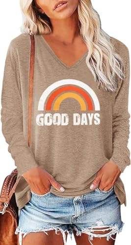 SOADKP Damen Langarmshirt Bedruck Tshirt Regenbogen Oberteile Baumwolle Shirts Casual Tops Tunika (Braun/M) von SOADKP