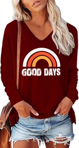 SOADKP Damen Langarmshirt Bedruck Tshirt Regenbogen Oberteile Baumwolle Shirts Casual Tops Tunika (Weinrot/L) von SOADKP