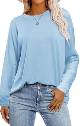 SOADKP Damen T-Shirt Oversize Oberteile Langarm Rundhals Lose Tops Elegant Bluse Tunika (hellblau/L) von SOADKP