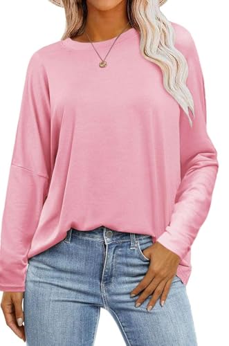 SOADKP Damen T-Shirt Oversize Oberteile Langarm Rundhals Lose Tops Elegant Bluse Tunika (rosa/XL) von SOADKP