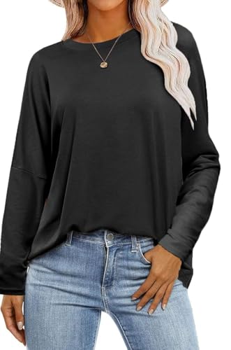 SOADKP Damen T-Shirt Oversize Oberteile Langarm Rundhals Lose Tops Elegant Bluse Tunika (schwarz/S) von SOADKP