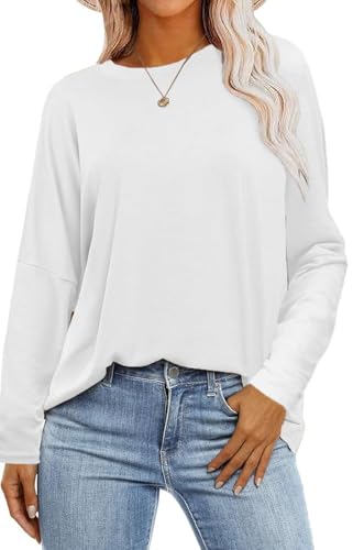 SOADKP Damen T-Shirt Oversize Oberteile Langarm Rundhals Lose Tops Elegant Bluse Tunika (weiß/S) von SOADKP