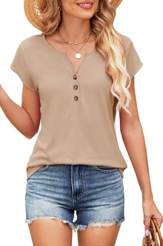 SOADKP Damen T-Shirt Sommer 2025 | Baumwolle Atmungsaktiv | Lässig Tops mit V-Ausschnitt(Braun/XXL) von SOADKP