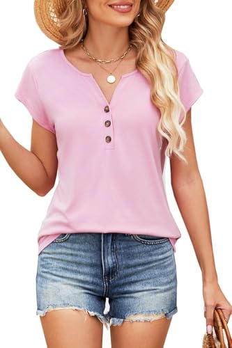 SOADKP Damen T-Shirt Sommer 2025 | Baumwolle Atmungsaktiv | Lässig Tops mit V-Ausschnitt(Rosa/L) von SOADKP