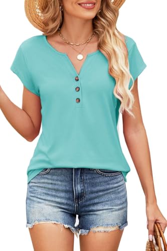 SOADKP Damen T-Shirt Sommer 2025 | Baumwolle Atmungsaktiv | Lässig Tops mit V-Ausschnitt(See blau/S) von SOADKP