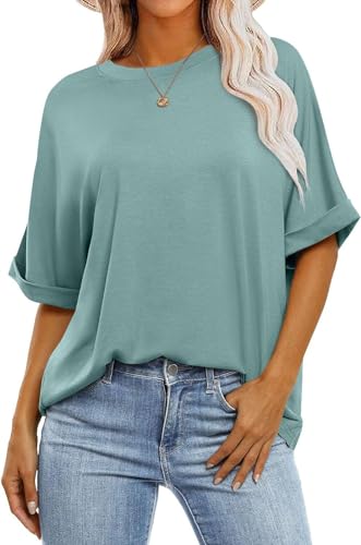 SOADKP Damen T-Shirt Sommer Oversize Oberteil Kurzarm Rundhals Lose Tops Elegant Bluse Tunika (Hellgrün/L) von SOADKP