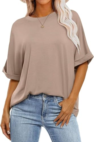 SOADKP Damen T-Shirt Sommer Oversize Oberteil Kurzarm Rundhals Lose Tops Elegant Bluse Tunika (braun/S) von SOADKP