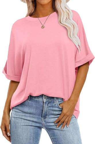 SOADKP Damen T-Shirt Sommer Oversize Oberteil Kurzarm Rundhals Lose Tops Elegant Bluse Tunika (rosa/L) von SOADKP
