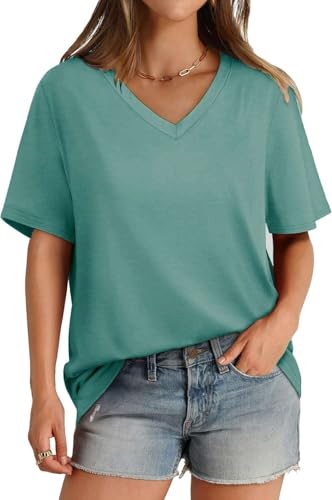 SOADKP Damen T-Shirt Sommer Oversize Oberteil Kurzarm V-Ausschnitt Lose Tops Elegant Tunika (Hellgrün/XL) von SOADKP
