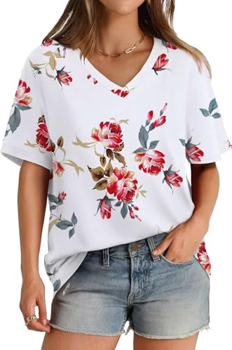 SOADKP Damen T-Shirt Sommer Oversize Oberteil Kurzarm V-Ausschnitt Lose Tops Elegant Tunika (Rot Blume/L) von SOADKP