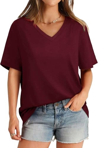 SOADKP Damen T-Shirt Sommer Oversize Oberteil Kurzarm V-Ausschnitt Lose Tops Elegant Tunika (Weinrot/XL) von SOADKP