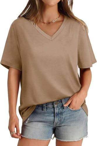 SOADKP Damen T-Shirt Sommer Oversize Oberteil Kurzarm V-Ausschnitt Lose Tops Elegant Tunika (braun/L) von SOADKP