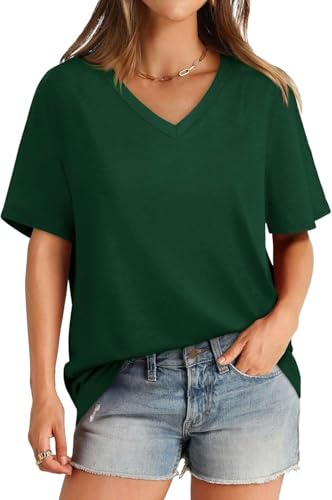 SOADKP Damen T-Shirt Sommer Oversize Oberteil Kurzarm V-Ausschnitt Lose Tops Elegant Tunika (dunkelgrün/L) von SOADKP