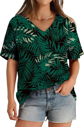 SOADKP Damen T-Shirt Sommer Oversize Oberteil Kurzarm V-Ausschnitt Lose Tops Elegant Tunika (dunkelgrün-2/L) von SOADKP