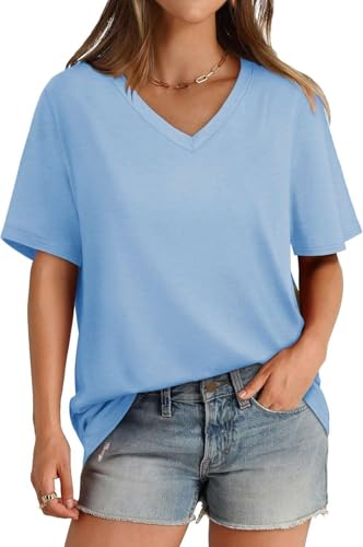 SOADKP Damen T-Shirt Sommer Oversize Oberteil Kurzarm V-Ausschnitt Lose Tops Elegant Tunika (hellblau/M) von SOADKP