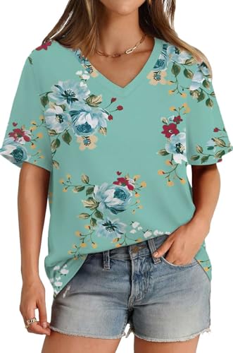 SOADKP Damen T-Shirt Sommer Oversize Oberteil Kurzarm V-Ausschnitt Lose Tops Elegant Tunika (hellgrün-2/XL) von SOADKP