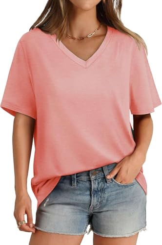 SOADKP Damen T-Shirt Sommer Oversize Oberteil Kurzarm V-Ausschnitt Lose Tops Elegant Tunika (rosa/M) von SOADKP