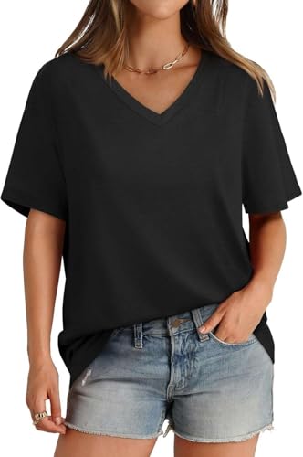 SOADKP Damen T-Shirt Sommer Oversize Oberteil Kurzarm V-Ausschnitt Lose Tops Elegant Tunika (schwarz/S) von SOADKP