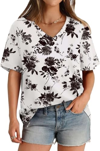 SOADKP Damen T-Shirt Sommer Oversize Oberteil Kurzarm V-Ausschnitt Lose Tops Elegant Tunika (schwarz Blume/XXL) von SOADKP