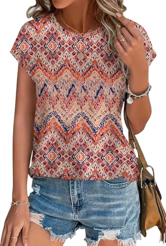 SOADKP Damen Tops Sommer Oberteile Elegant Kurzarm t Shirts Spitze Casual Bluse Tunika(Boho/XXL) von SOADKP