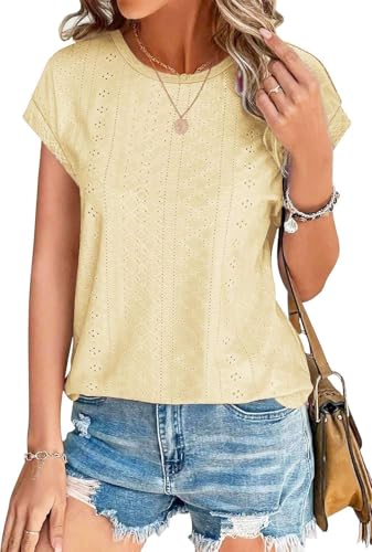 SOADKP Damen Tops Sommer Oberteile Elegant Kurzarm t Shirts Spitze Casual Bluse Tunika(Hellgelb/XL) von SOADKP