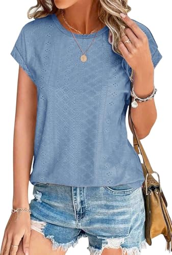 SOADKP Damen Tops Sommer Oberteile Elegant Kurzarm t Shirts Spitze Casual Bluse Tunika(blau/S) von SOADKP