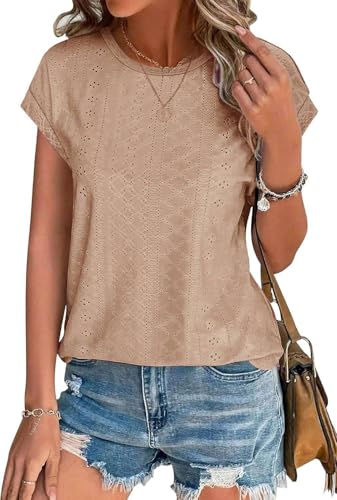 SOADKP Damen Tops Sommer Oberteile Elegant Kurzarm t Shirts Spitze Casual Bluse Tunika(braun/XXL) von SOADKP