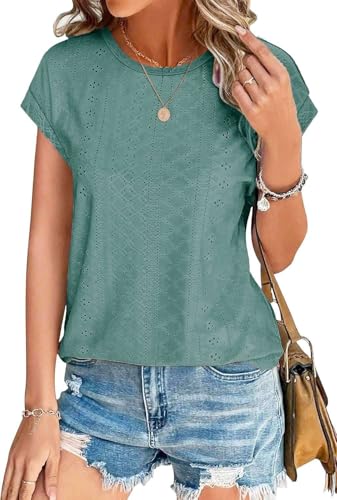 SOADKP Damen Tops Sommer Oberteile Elegant Kurzarm t Shirts Spitze Casual Bluse Tunika(hellgrün/S) von SOADKP
