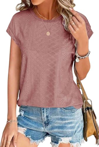 SOADKP Damen Tops Sommer Oberteile Elegant Kurzarm t Shirts Spitze Casual Bluse Tunika(rosa/S) von SOADKP