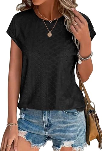 SOADKP Damen Tops Sommer Oberteile Elegant Kurzarm t Shirts Spitze Casual Bluse Tunika(schwarz/L) von SOADKP