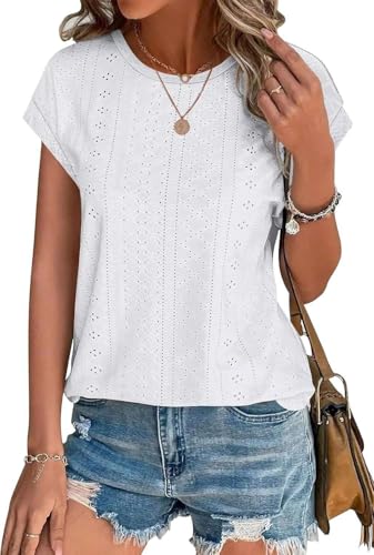 SOADKP Damen Tops Sommer Oberteile Elegant Kurzarm t Shirts Spitze Casual Bluse Tunika(weiß/L) von SOADKP