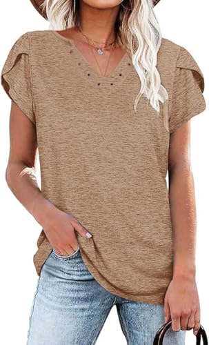 SOADKP Damen Tops Sommer V-Ausschnitt Tshirt Kurzarm Blütenblatt Ärmel Blusen Casual Shirts Tunika Tops(braun/XL) von SOADKP