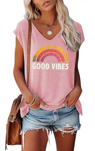 SOADKP Damen Tshirt Kurzarm mit Druck Good Vibes Regenbogen Oberteile Basic Shirt Casual Tops Tunika (Rosa/L) von SOADKP