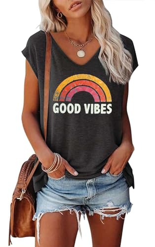 SOADKP Damen Tshirt Kurzarm mit Druck Good Vibes Regenbogen Oberteile Basic Shirt Casual Tops Tunika (schwarz/M) von SOADKP