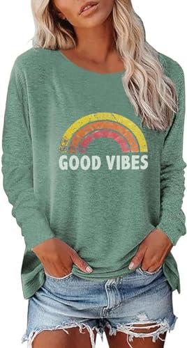 SOADKP Damen Tshirt Rundhals Langarmshirt Bedruck Good Vibes Regenbogen Oberteile Basic Shirt Casual Tops Tunika (Grau grün/XXL) von SOADKP