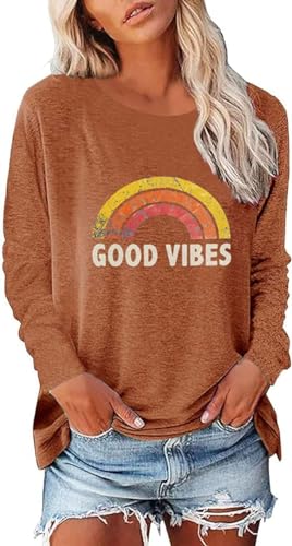 SOADKP Damen Tshirt Rundhals Langarmshirt Bedruck Good Vibes Regenbogen Oberteile Basic Shirt Casual Tops Tunika (Kaffee/M) von SOADKP