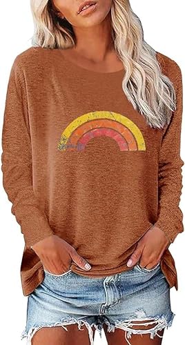 SOADKP Damen Tshirt Langarmshirt Bedruck Regenbogen Oberteile Baumwolle Shirts Casual Tops Tunika (Kaffee/XL) von SOADKP