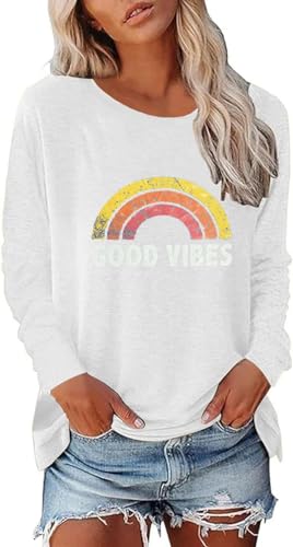 SOADKP Damen Tshirt Rundhals Langarmshirt Bedruck Good Vibes Regenbogen Oberteile Basic Shirt Casual Tops Tunika (weiß/XL) von SOADKP