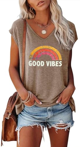 SOADKP Damen Tshirt Sommer Kurzarm mit Druck Good Vibes Regenbogen Oberteile Casual Shirts Tops Tunika (Braun/L) von SOADKP