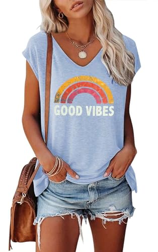 SOADKP Damen Tshirt Sommer Kurzarm mit Druck Good Vibes Regenbogen Oberteile Casual Shirts Tops Tunika (Hellblau/L) von SOADKP