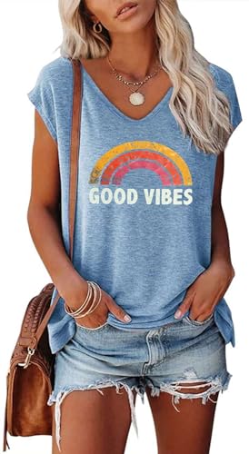 SOADKP Damen Tshirt Sommer Kurzarm mit Druck Good Vibes Regenbogen Oberteile Casual Shirts Tops Tunika (Hellblau/M) von SOADKP