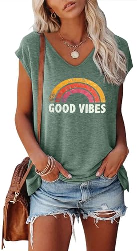 SOADKP Damen Tshirt Sommer Kurzarm mit Druck Good Vibes Regenbogen Oberteile Casual Shirts Tops Tunika (Hellgrün/L) von SOADKP