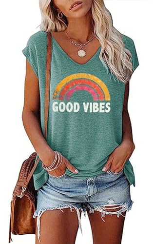 SOADKP Damen Tshirt Sommer Kurzarm mit Druck Good Vibes Regenbogen Oberteile Casual Shirts Tops Tunika (Hellgrün/M) von SOADKP