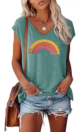 SOADKP Damen Tshirt Sommer Kurzarm mit Druck Regenbogen Oberteile Casual Shirts Tops Tunika (Hellgrün/XXL) von SOADKP