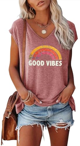 SOADKP Damen Tshirt Sommer Kurzarm mit Druck Good Vibes Regenbogen Oberteile Casual Shirts Tops Tunika (Rosa/S) von SOADKP