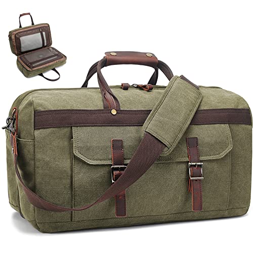 Duffle Bag für Männer Wasserdicht Echtes Leder Leinwand Reise Duffel Taschen für Frauen Übernachtung Weekender Tasche für Reisen, 5-army Green, Large, Klassische Wochenendtasche von SOAEON